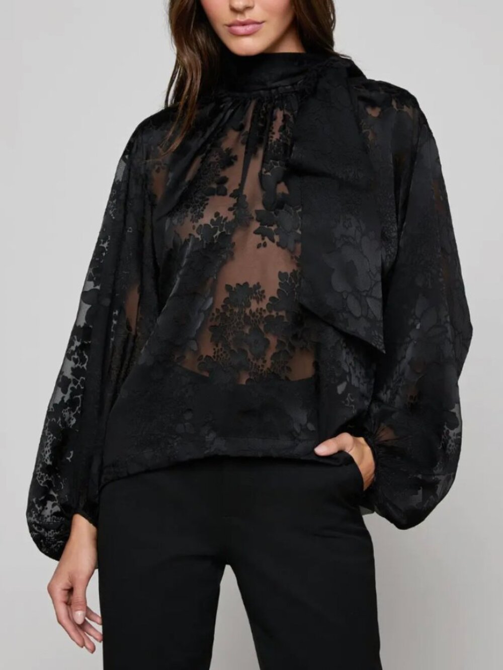 $595 NWT L'Agence Black Rhett Sheer Oversized Satin Blouse Top size XXS